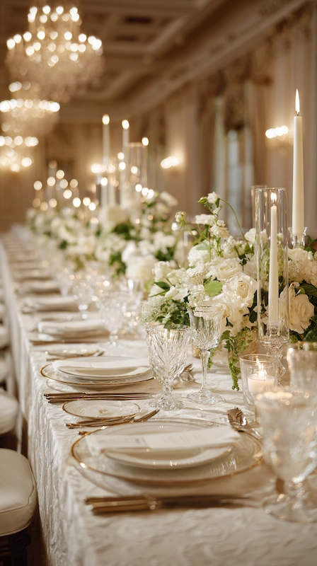Elegant black tie wedding tablescape with white florals, crystal glassware, gold rim plates, and candlelit ballroom ambiance