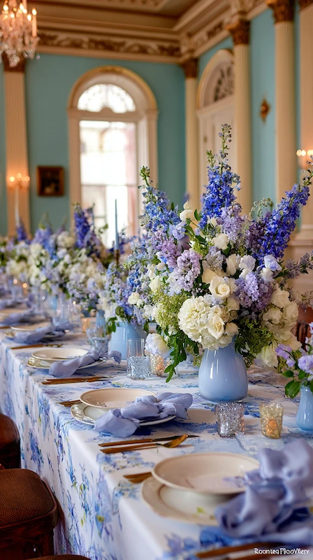 35 Spring Wedding Centerpieces With Flower Pairings Brides Can Actually Use 7 Elegant wedding table in a grand ballroom with blue and white floral centerpieces, patterned linens, candles, and classic place settings