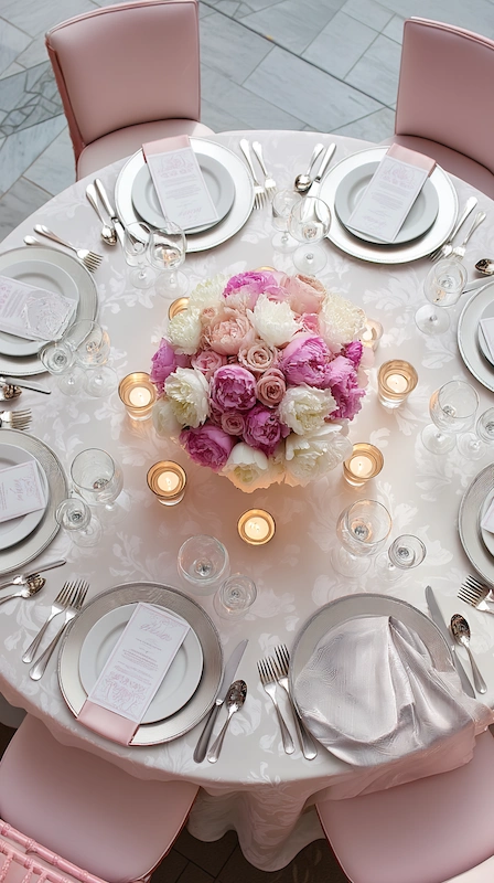 Wedding Centerpiece Ideas for Round Tables (3-2-1 Formula) 6 Overhead view of blush wedding table with pink and white floral centerpiece, candlelight, layered place settings, and soft blush chairs