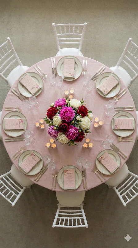 Overhead view of blush pink wedding table with peony centerpiece, white chairs, soft candlelight, and elegant place settings