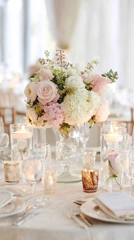 Wedding Centerpiece Ideas for Round Tables (3-2-1 Formula) 1 Elegant wedding table with blush and white floral centerpiece in a glass compote, surrounded by candles, crystal glassware, and soft linens
