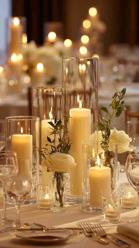 Wedding Centerpiece Ideas for Round Tables (3-2-1 Formula) 7 Elegant wedding tablescape with ivory pillar candles in glass cylinders, soft florals, crystal glassware, and warm candlelight glow.