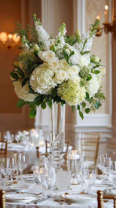 35 Spring Wedding Centerpieces With Flower Pairings Brides Can Actually Use 35 Elegant tall white floral centerpiece with roses, hydrangea, and greenery on a formal wedding reception table with candles