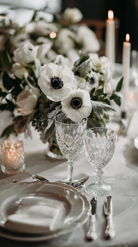 35 Spring Wedding Centerpieces With Flower Pairings Brides Can Actually Use 12 Elegant wedding table with white anemone centerpiece, crystal goblets, tapered candles, and refined neutral place setting