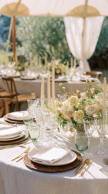 Outdoor garden wedding tablescape with soft yellow florals, woven chargers, green goblets, white linens, and candlelit summer setting