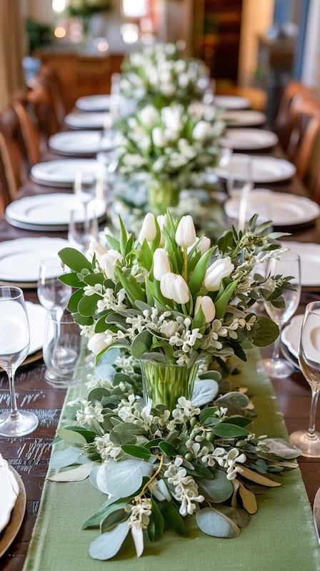 35 Spring Wedding Centerpieces With Flower Pairings Brides Can Actually Use 24 Green and white wedding centerpiece with white tulips and lush greenery styled along a long rectangular reception table