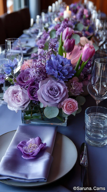 35 Spring Wedding Centerpieces With Flower Pairings Brides Can Actually Use 18 Lavender wedding table with roses and tulips in low arrangements, soft candlelight, satin napkins, and romantic evening styling