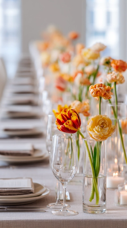 35 Spring Wedding Centerpieces With Flower Pairings Brides Can Actually Use 3 Long wedding reception table with orange and yellow ranunculus in clear glass vases, candles, and neutral place settings