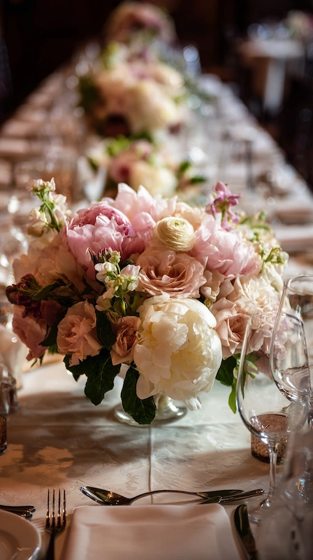 35 Spring Wedding Centerpieces With Flower Pairings Brides Can Actually Use 13 Romantic wedding table with lush blush and ivory floral centerpiece, soft candlelight, crystal glassware, and elegant reception styling