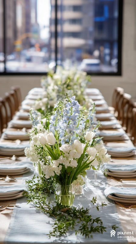 35 Spring Wedding Centerpieces With Flower Pairings Brides Can Actually Use 31 Elegant long wedding table with white and soft blue florals in glass vases styled down the center with neutral place settings