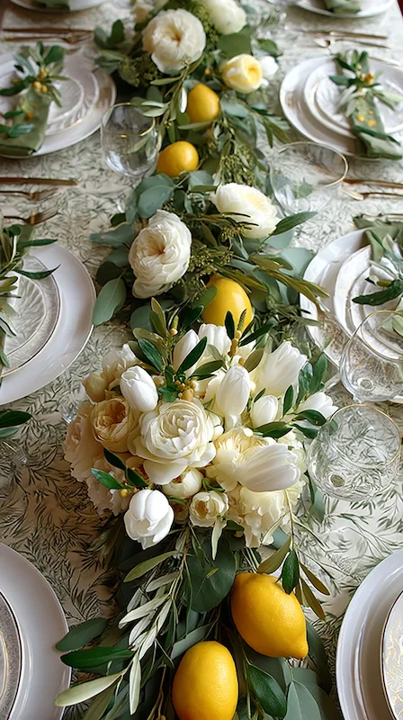 35 Spring Wedding Centerpieces With Flower Pairings Brides Can Actually Use 26 Mediterranean wedding table garland with lemons, white roses, tulips, and olive greenery styled on an elegant tablescape