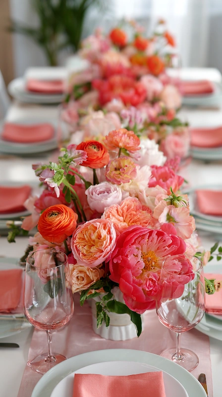 35 Spring Wedding Centerpieces With Flower Pairings Brides Can Actually Use 17 Modern wedding table with coral and blush floral garland, pink napkins, clear glassware, and fresh spring reception styling