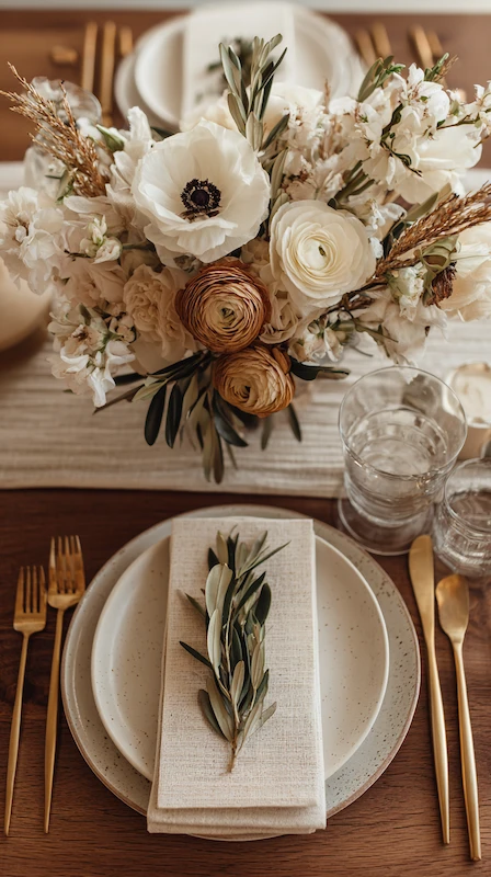 35 Spring Wedding Centerpieces With Flower Pairings Brides Can Actually Use 16 Neutral wedding table with dried and fresh florals, olive leaf napkin styling, ceramic plates, and warm modern tablescape