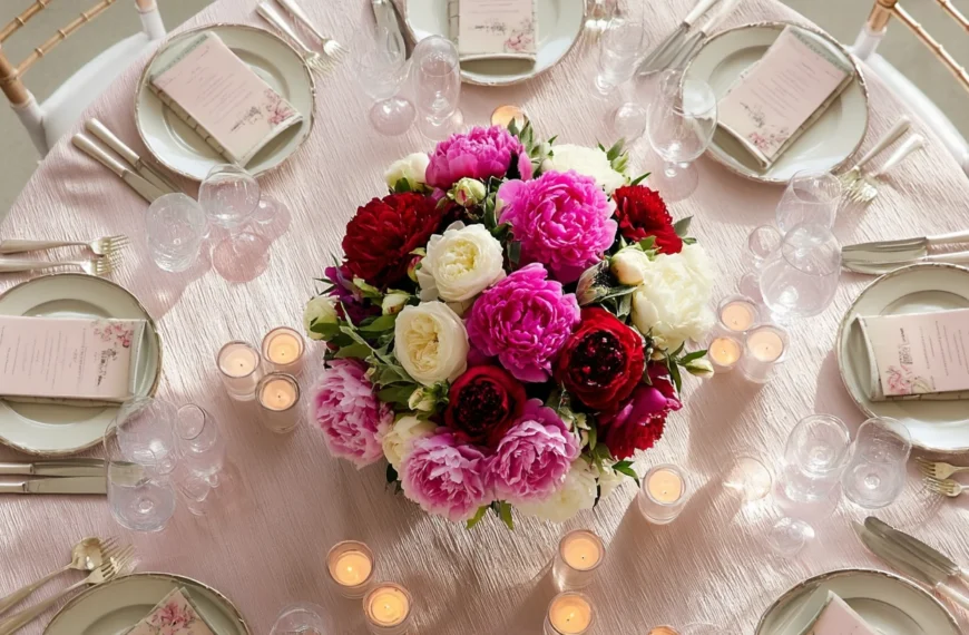 Wedding Decor 13 Overhead blush wedding table with round peony centerpiece in pink, burgundy, and ivory with elegant place settings and candlelight