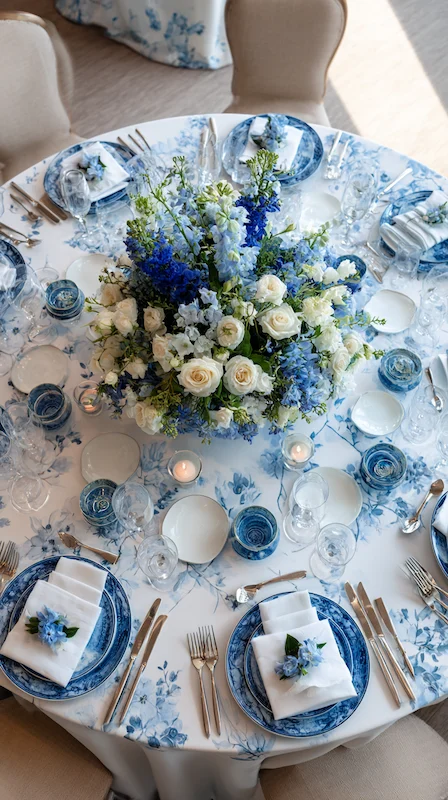 35 Spring Wedding Centerpieces With Flower Pairings Brides Can Actually Use 19 Overhead round wedding table with blue and white florals, patterned china, layered glassware, candles, and classic elegant styling