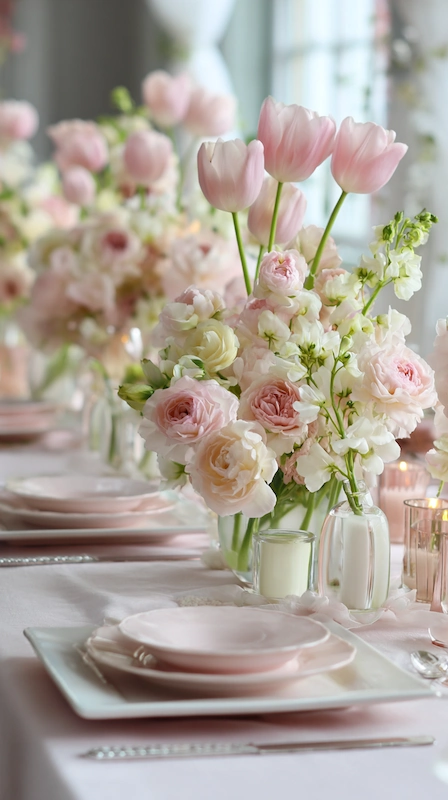 35 Spring Wedding Centerpieces With Flower Pairings Brides Can Actually Use 5 Soft pastel wedding table with blush roses and pink tulips in bud vases, layered plates, glowing candles, and airy spring styling