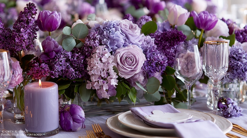Wedding Decor 14 spring wedding centerpieces in Lavender and purple with roses, lilac, hydrangea, eucalyptus, candlelight, and elegant place settings