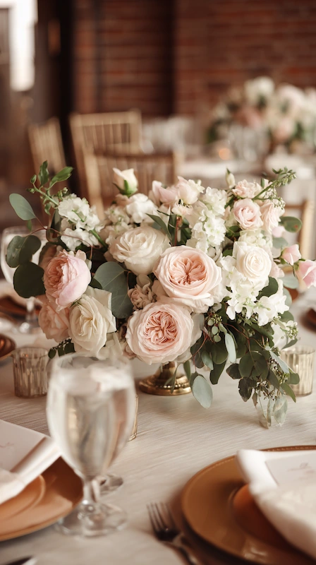 35 Spring Wedding Centerpieces With Flower Pairings Brides Can Actually Use 23 Romantic wedding centerpiece with blush and ivory garden roses, eucalyptus, and soft greenery on a classic reception table