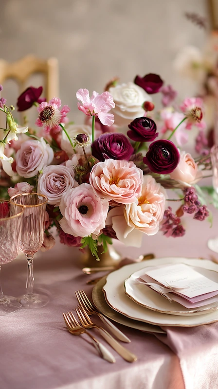 35 Spring Wedding Centerpieces With Flower Pairings Brides Can Actually Use 21 Romantic wedding centerpiece with blush roses, mauve ranunculus, and soft pink blooms styled on a pastel tablescape
