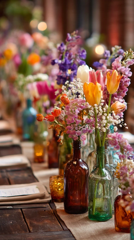 35 Spring Wedding Centerpieces With Flower Pairings Brides Can Actually Use 9 Rustic wedding table with spring wedding centerpieces. with colorful wildflowers in mismatched glass bottles, candlelight accents, and relaxed elegant reception styling
