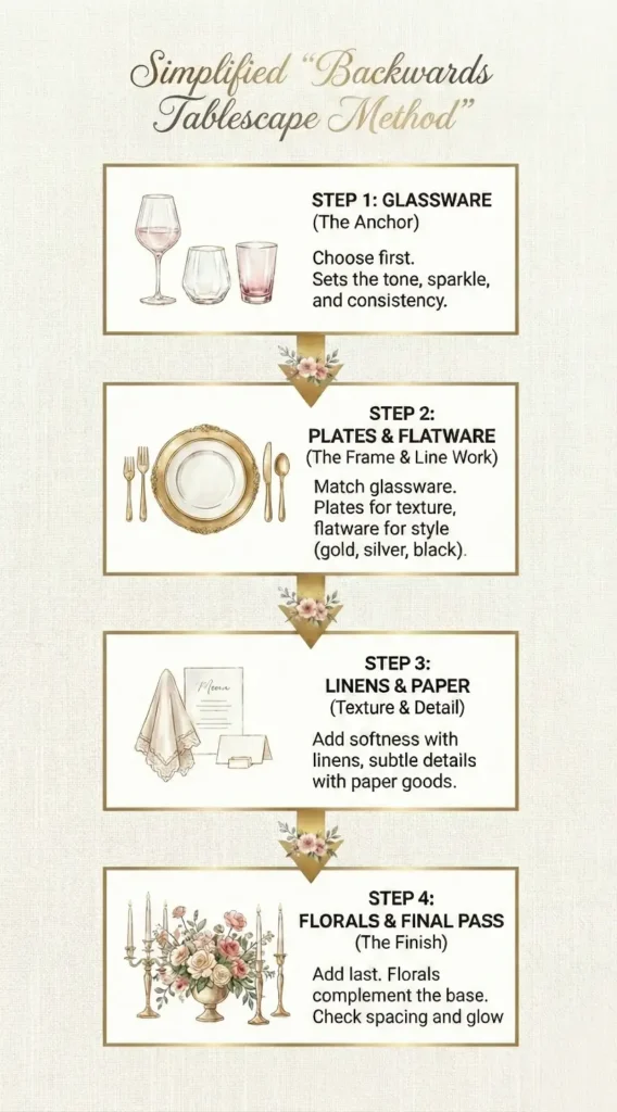 Simplified backwards tablescape method showing 4 step wedding table styling order with glassware, plates, linens and florals