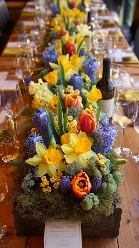 35 Spring Wedding Centerpieces With Flower Pairings Brides Can Actually Use 29 Colorful spring wedding table centerpiece with tulips, daffodils, and blue hyacinths arranged down a long wooden reception table