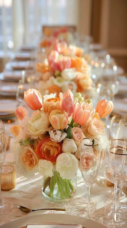 35 Spring Wedding Centerpieces With Flower Pairings Brides Can Actually Use 22 Elegant spring wedding centerpiece with peach tulips, ranunculus, and ivory blooms arranged on a long reception table
