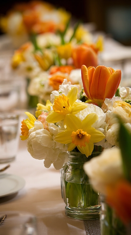 35 Spring Wedding Centerpieces With Flower Pairings Brides Can Actually Use 15 Spring wedding table with daffodils, tulips, and white blooms in mason jars, soft candlelight, and cheerful seasonal styling
