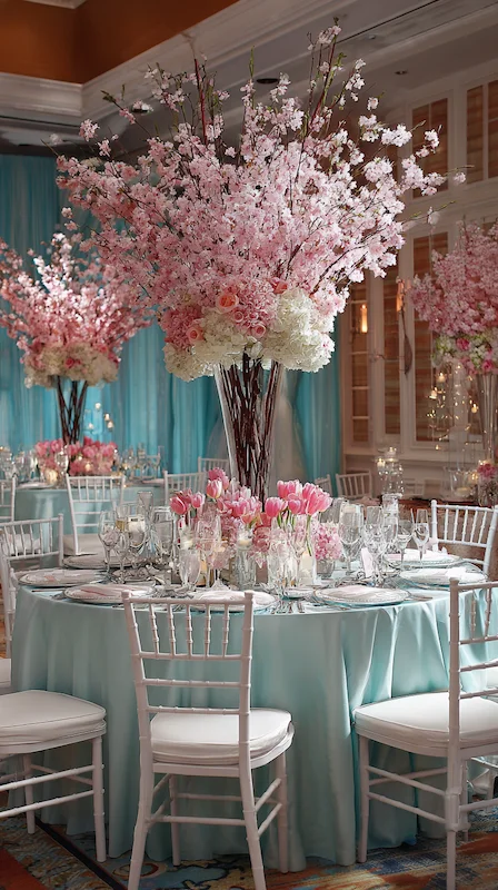 35 Spring Wedding Centerpieces With Flower Pairings Brides Can Actually Use 33 Round wedding table with tall cherry blossom centerpieces, aqua linens, pink florals, crystal glassware, and white chairs.