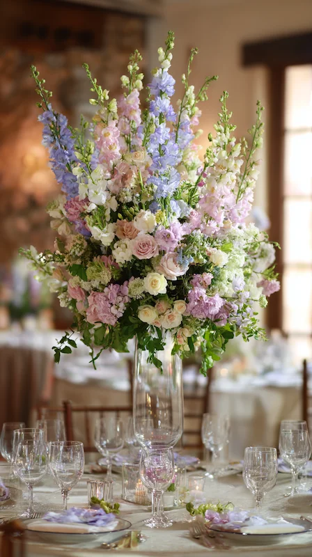 35 Spring Wedding Centerpieces With Flower Pairings Brides Can Actually Use 34 Tall pastel floral centerpiece with delphinium, roses, and greenery on an elegant wedding reception table in a sunlit venue