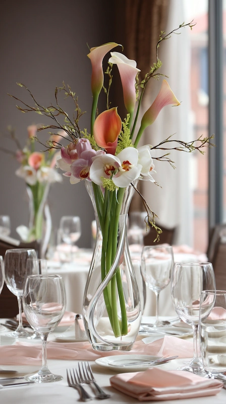 35 Spring Wedding Centerpieces With Flower Pairings Brides Can Actually Use 36 Tall spring calla lily and orchid centerpiece in a clear vase on a blush wedding table with glassware by a window