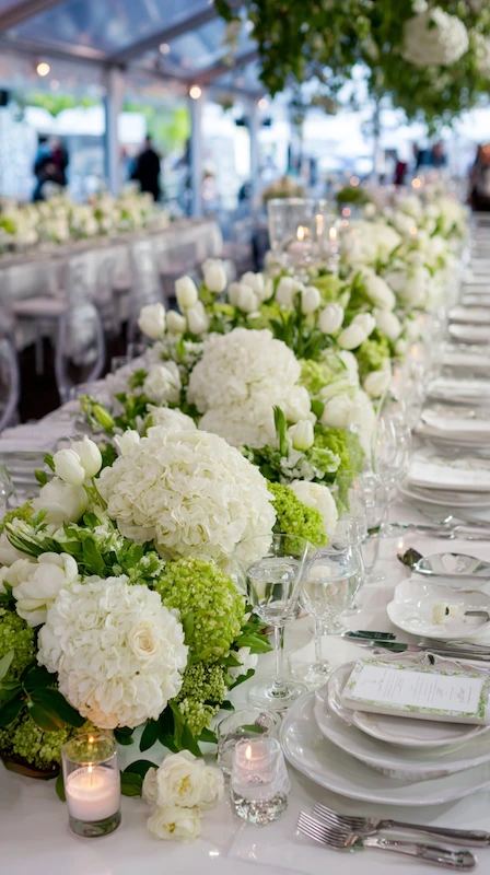 35 Spring Wedding Centerpieces With Flower Pairings Brides Can Actually Use 14 Long wedding table in a clear tent with white hydrangea and tulip garland, soft greenery, candlelight, and classic place settings