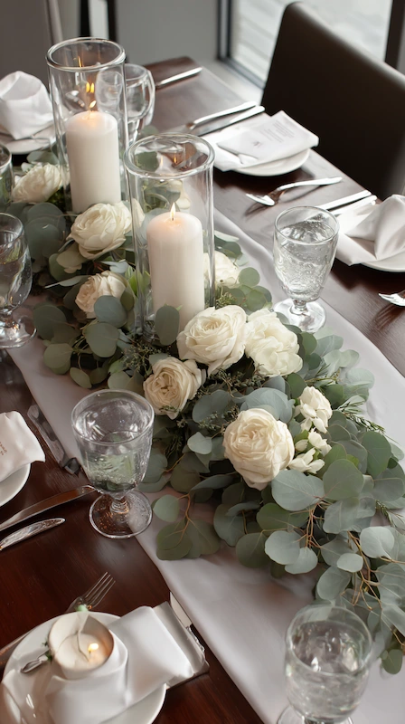 35 Spring Wedding Centerpieces With Flower Pairings Brides Can Actually Use 27 Romantic wedding table centerpiece with white roses, eucalyptus greenery, and pillar candles in clear glass on a wood reception table
