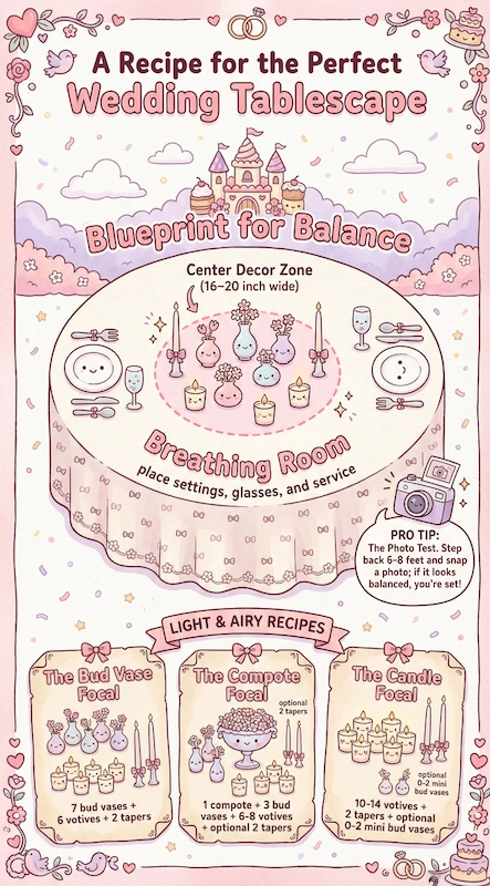 Wedding Centerpiece Ideas for Round Tables (3-2-1 Formula) 4 Wedding tablescape blueprint infographic showing center decor zone, breathing room, and floral recipes for balanced reception tables.