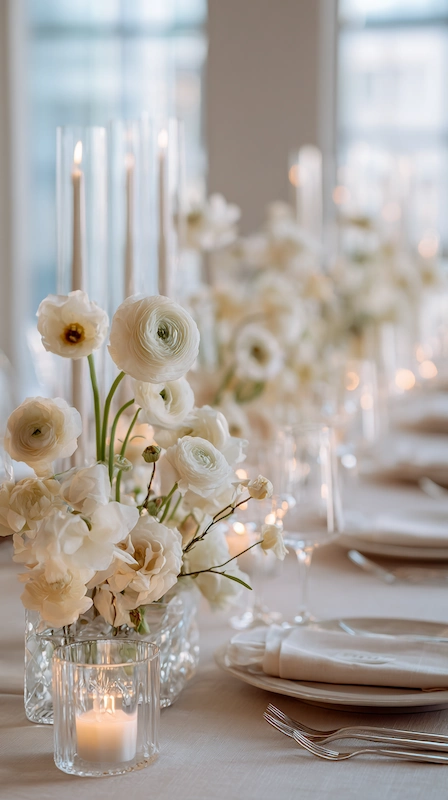 Wedding Centerpiece Ideas for Round Tables (3-2-1 Formula) 5 Minimalist wedding tablescape with white ranunculus bud vases, tapered candles, layered place settings, and soft neutral linens