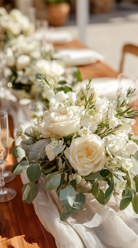35 Spring Wedding Centerpieces With Flower Pairings Brides Can Actually Use 32 Elegant white rose and ranunculus wedding table garland with eucalyptus greenery on a wooden reception table in soft daylight.