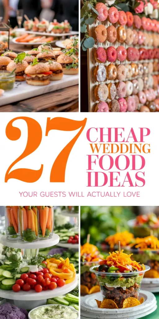 Cheap Wedding Food Ideas: 27 Budget-Friendly Options That Still Feel Special 1 27 cheap wedding food ideas collage with mini sliders, donut wall, veggie cups, and taco salad cups; headline text.