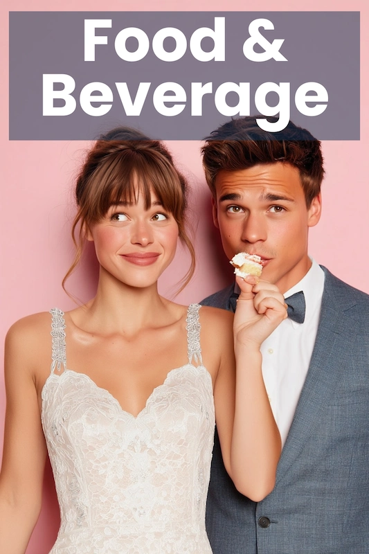 Bride in a lace wedding dress beside groom in a suit tasting cake frosting, with “Food & Beverage” text on pink background.