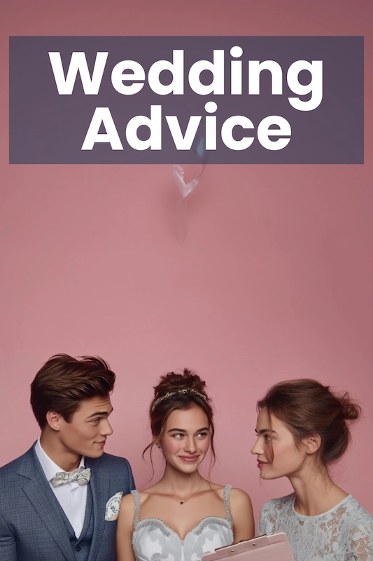 Wedding advice graphic showing three people in formal attire talking on a pink background, with large “Wedding Advice” text at top.