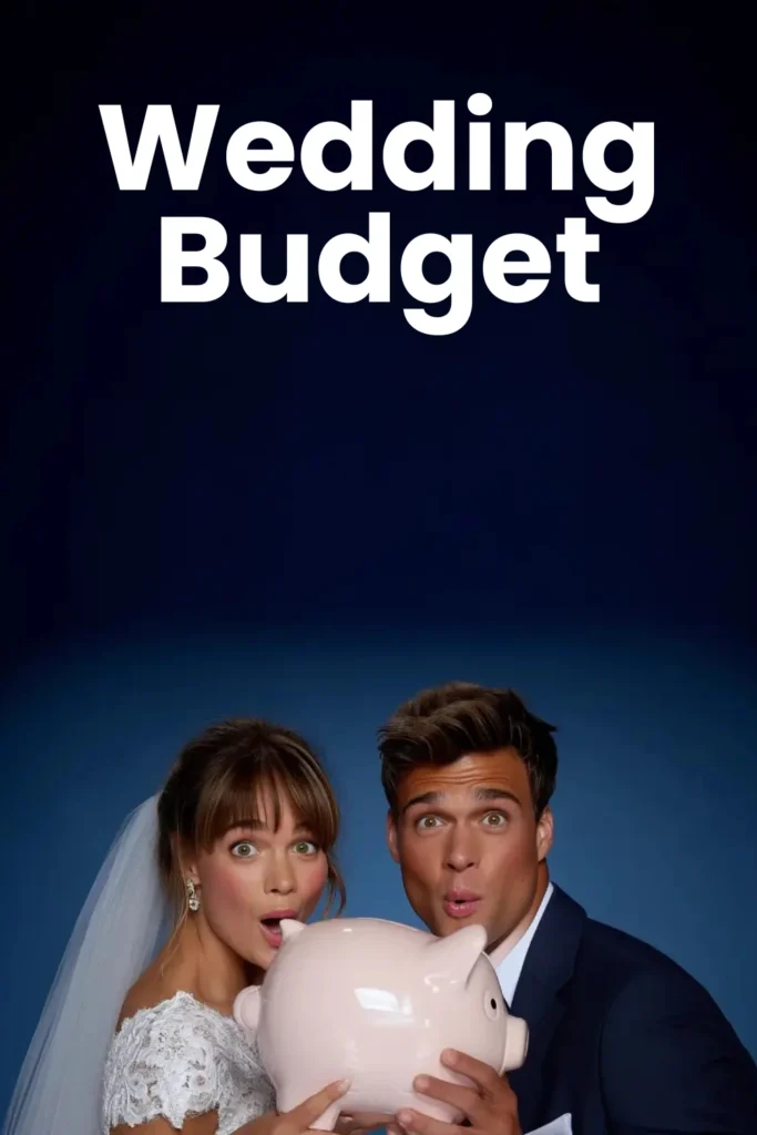 Bride and groom holding a pink piggy bank under the words “Wedding Budget” on a dark blue background.