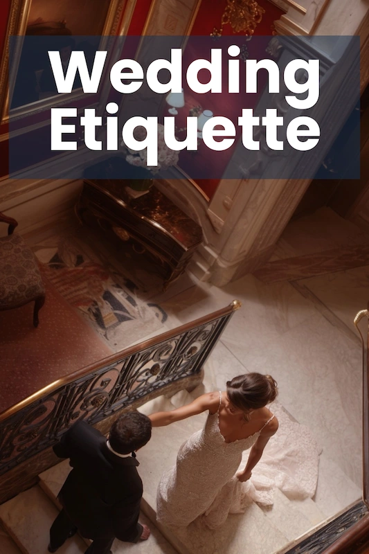 Overhead view of bride and groom on a grand staircase, with large text overlay reading “Wedding Etiquette”.