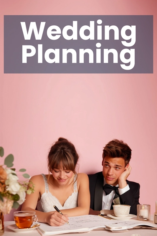 Bride writes in a wedding planner as groom looks on at table, with large “Wedding Planning” text on a pink background.