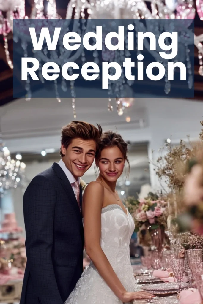 Smiling bride and groom posing at an elegant wedding reception with floral arrangements and table settings; text reads “Wedding Reception”.