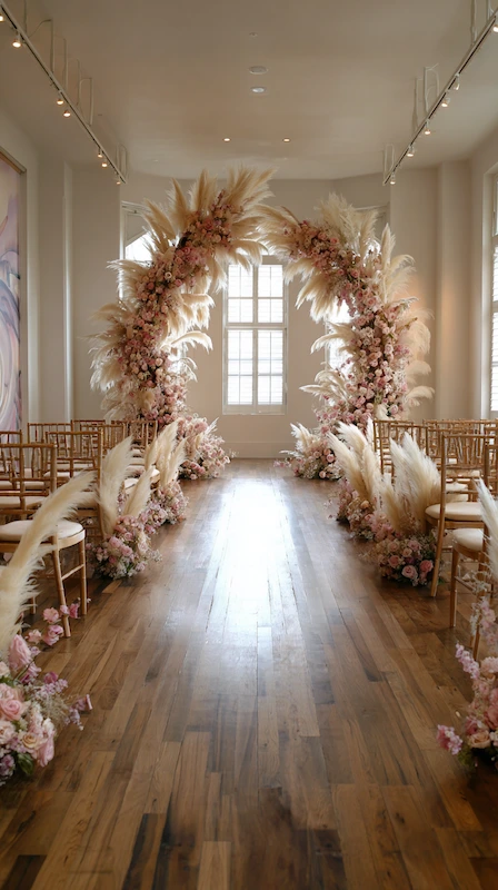 Boho wedding aisle with pampas grass and blush florals framing arch, wooden chairs lining sunlit indoor ceremony space