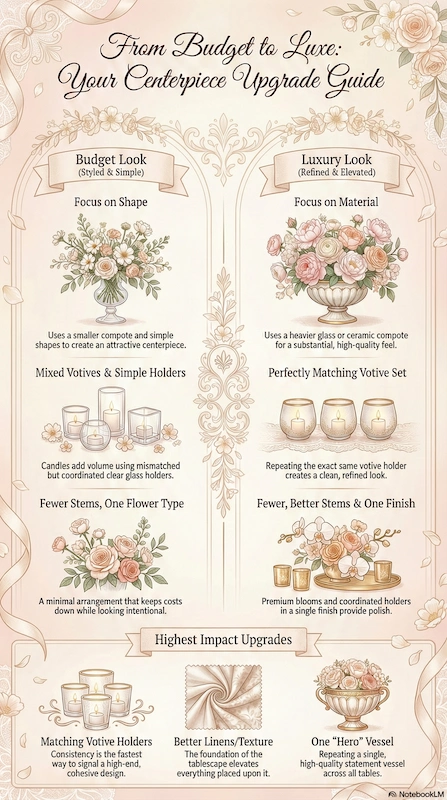 Wedding Centerpiece Ideas for Round Tables (3-2-1 Formula) 11 Wedding centerpiece upgrade guide comparing budget and luxury looks with florals, votives, textures, and styling tips