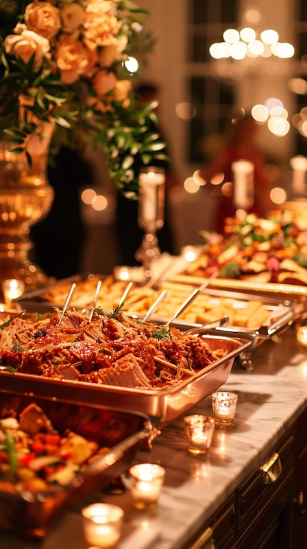 Cheap Wedding Food Ideas: 27 Budget-Friendly Options That Still Feel Special 6 Candlelit wedding buffet with BBQ meats in chafing dishes, florals, and warm lights creating elegant romantic reception vibe