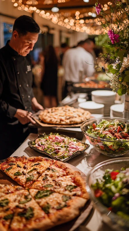 Cheap Wedding Food Ideas: 27 Budget-Friendly Options That Still Feel Special 7 Chef serving pizza and fresh salad buffet at elegant reception with warm lights and guests mingling nearby during wedding fun