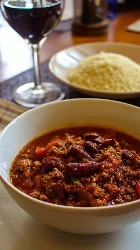 Cheap Wedding Food Ideas: 27 Budget-Friendly Options That Still Feel Special 10 Bowl of chili with beans and ground beef served with rice and red wine on table, cozy plated meal presentation