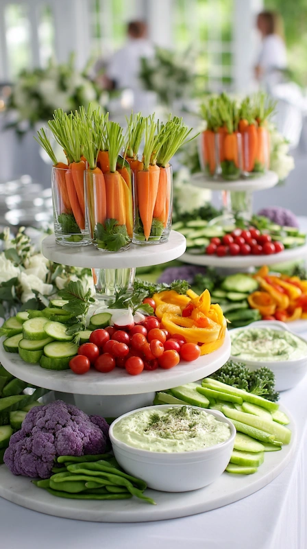 Cheap Wedding Food Ideas: 27 Budget-Friendly Options That Still Feel Special 20 Elegant tiered vegetable crudite display with carrots, cucumbers, peppers, tomatoes, and dip bowls on serving stands for party!