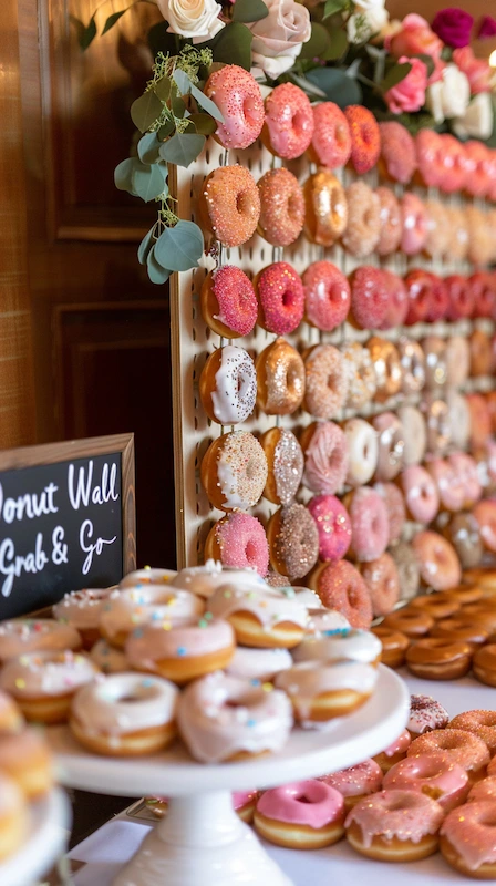 Cheap Wedding Food Ideas: 27 Budget-Friendly Options That Still Feel Special 26 Elegant wedding donut wall with colorful frosted donuts, florals, and dessert table display for guests to grab and enjoy.